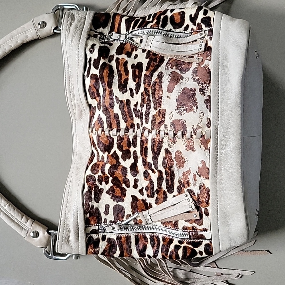 B. Makowsky ANIMAL Cow Print Leather Fringe Rodeo Hobo Shoulder Bag Cream Brown